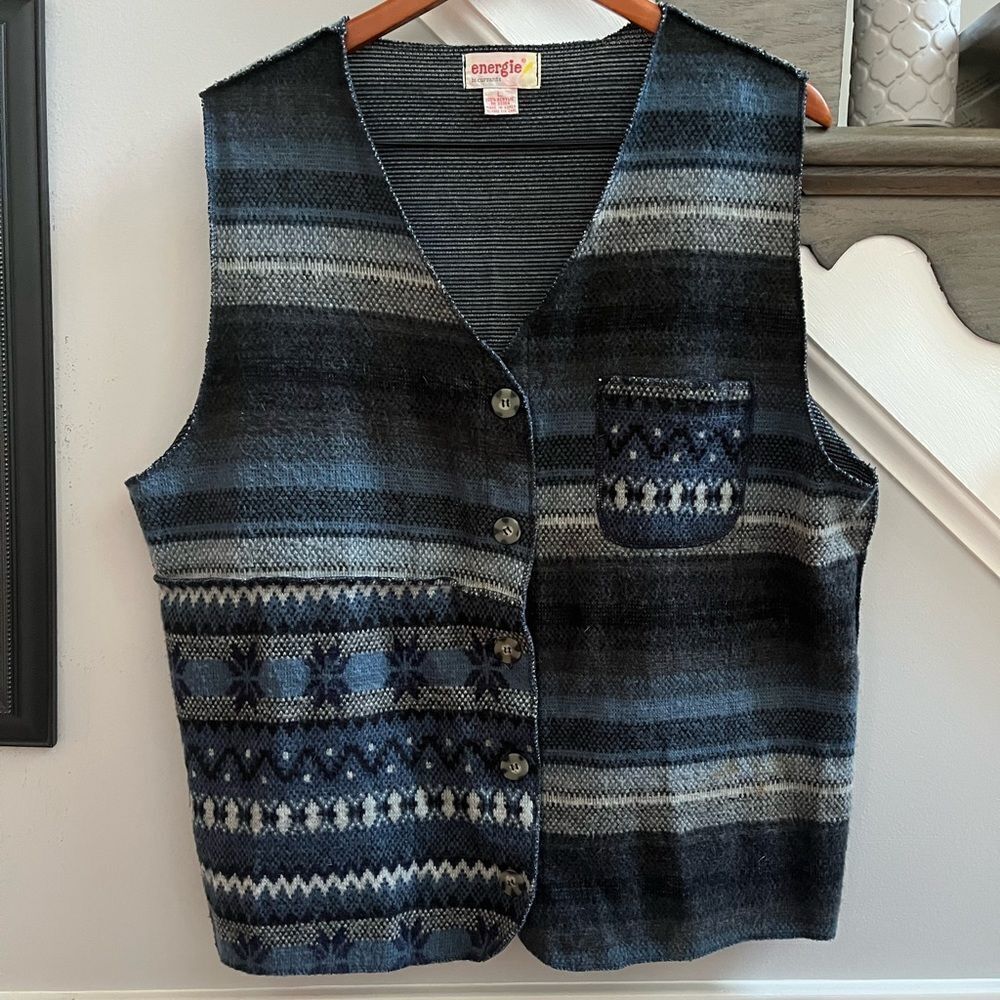 EnergieΒ bi Currants Blue Print Wool Like Acrylic Boho HippieβVest sz L
